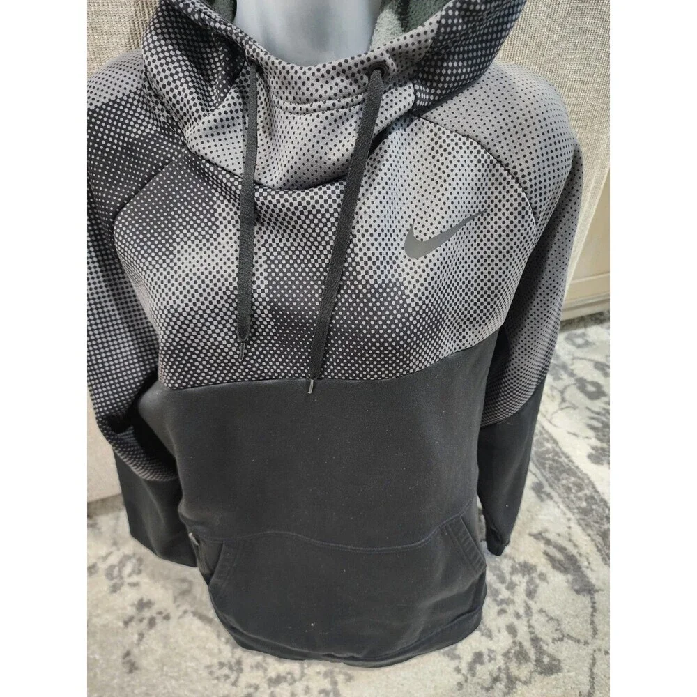 NIKE DRI-FIT MENS LARGE BLACK PULLOVER HOODIE Black Grey Crowl Neck